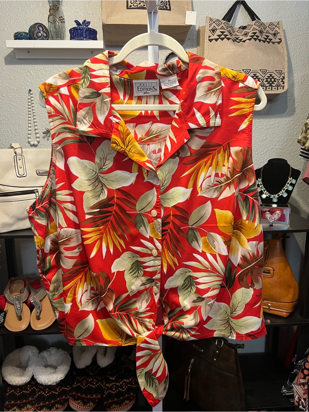 Basic Editions Red Tropical Tie-Front